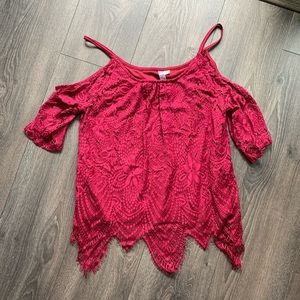 Lace Cold Shoulder Top with Scallop Hem